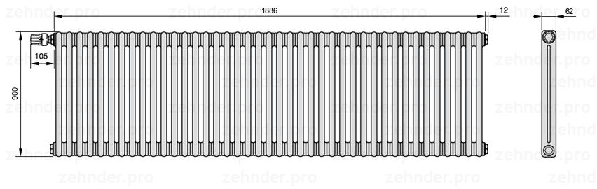Схема (чертеж) Радиатор Zehnder Charleston 2090/41 №V011 Белый глянцевый RAL 9016